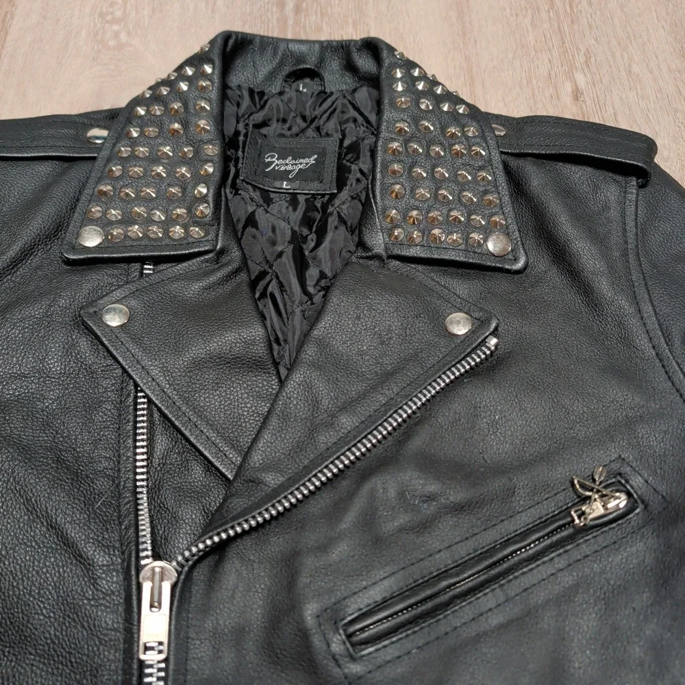 Reclaimed Vintage Studded Leather Biker Jacket Womens L Black Star Crossed Moto - Picture 5 of 11